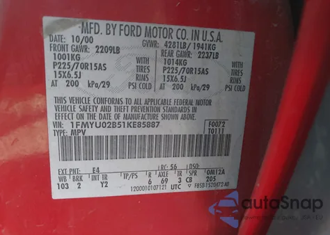 2001 Ford Escape Xls z USA, uszkodzony, nr VIN 1FMYU02B51KE85887